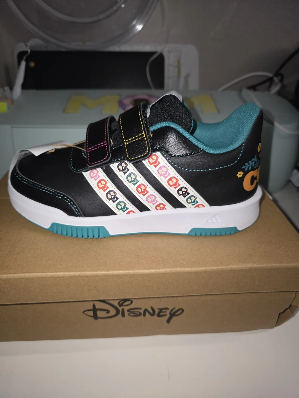 COCO adidas Kids Black and Teal Velcro Sneakers with Multicolor Skull Stripes